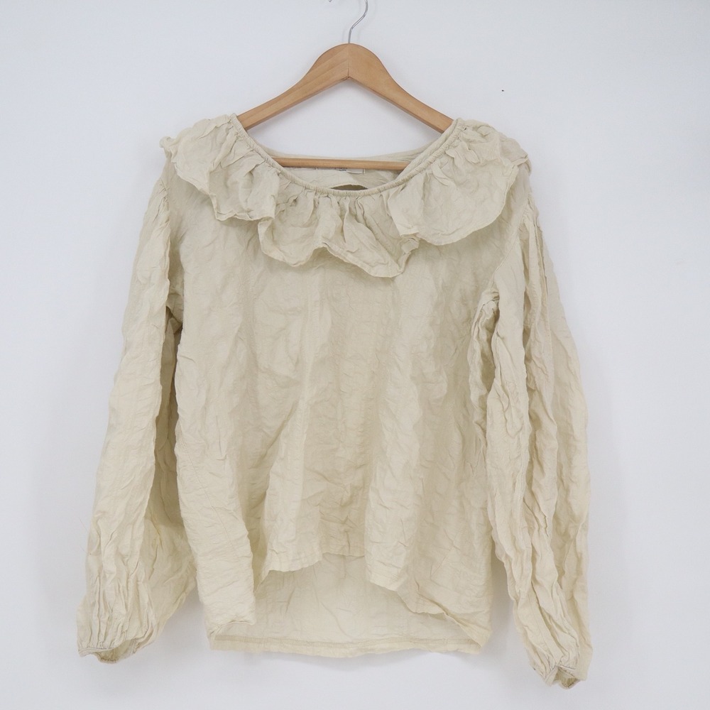 Made in Korea Cream Ruffle Collar Crinkle Texture Long Sleeve Blouse Top